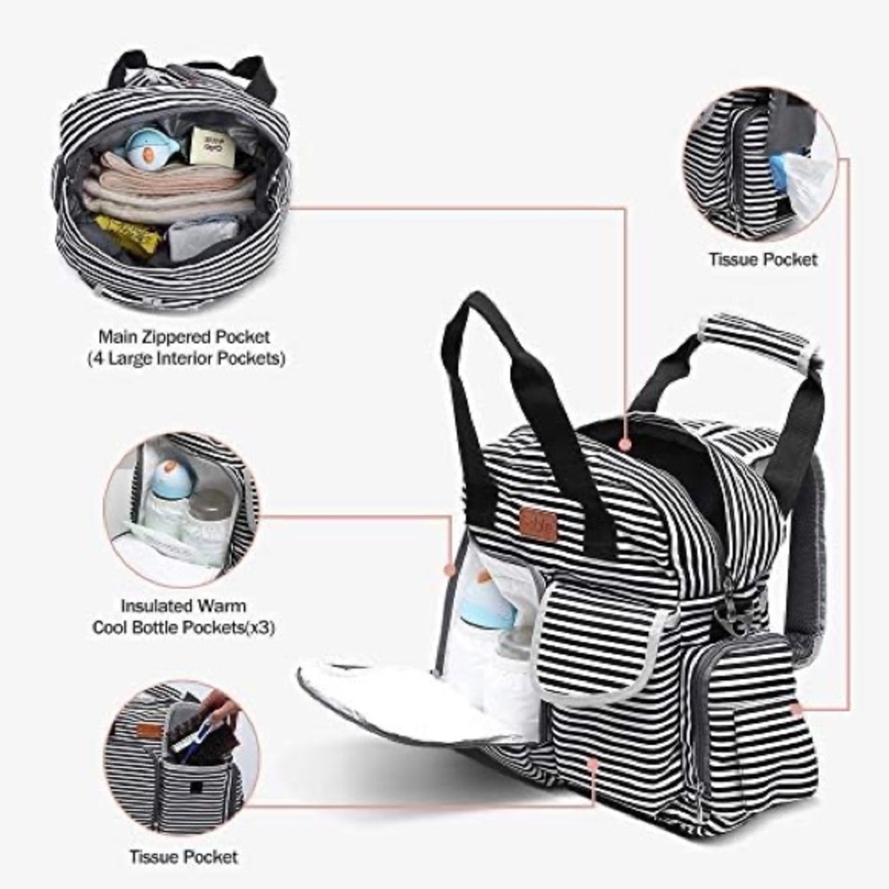 Sable Black and White Striped Diaper Bag Backpack